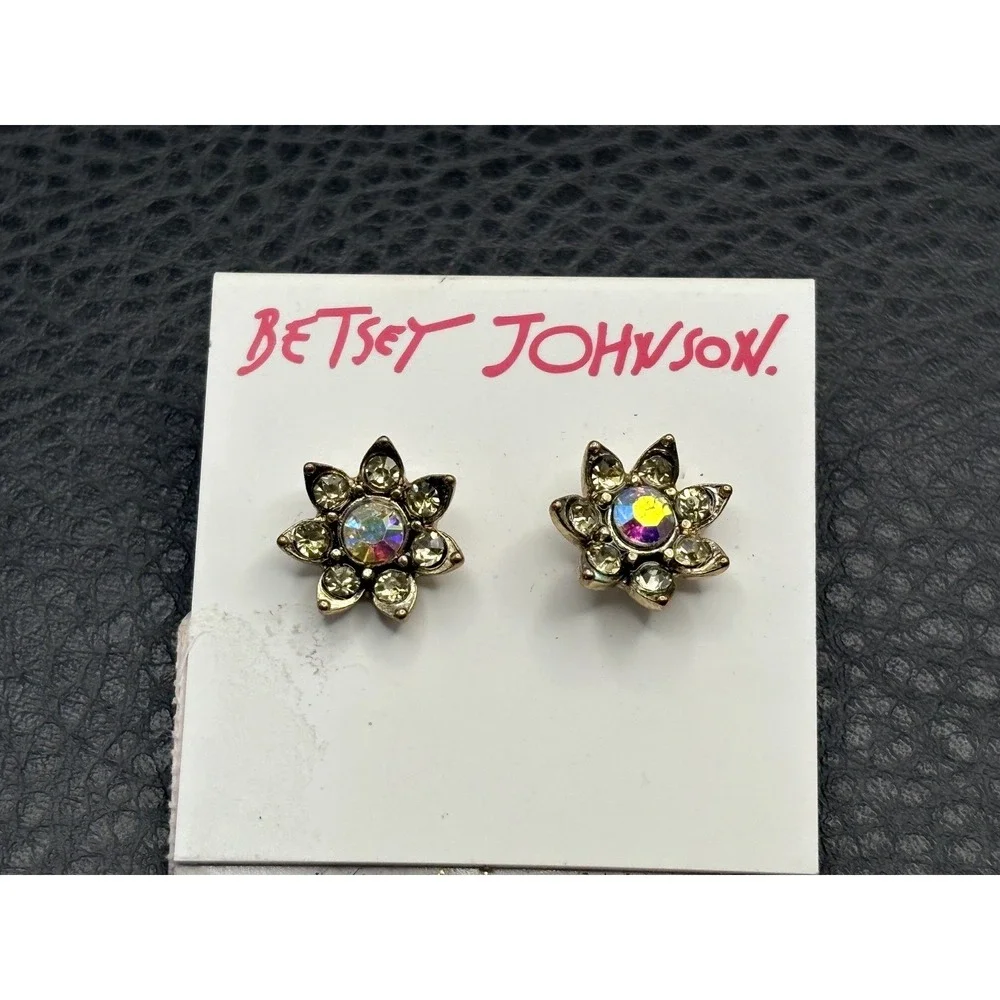 Betsey Johnson Gold Tone Aurora Borealis Crystal Flower Stud Earrings